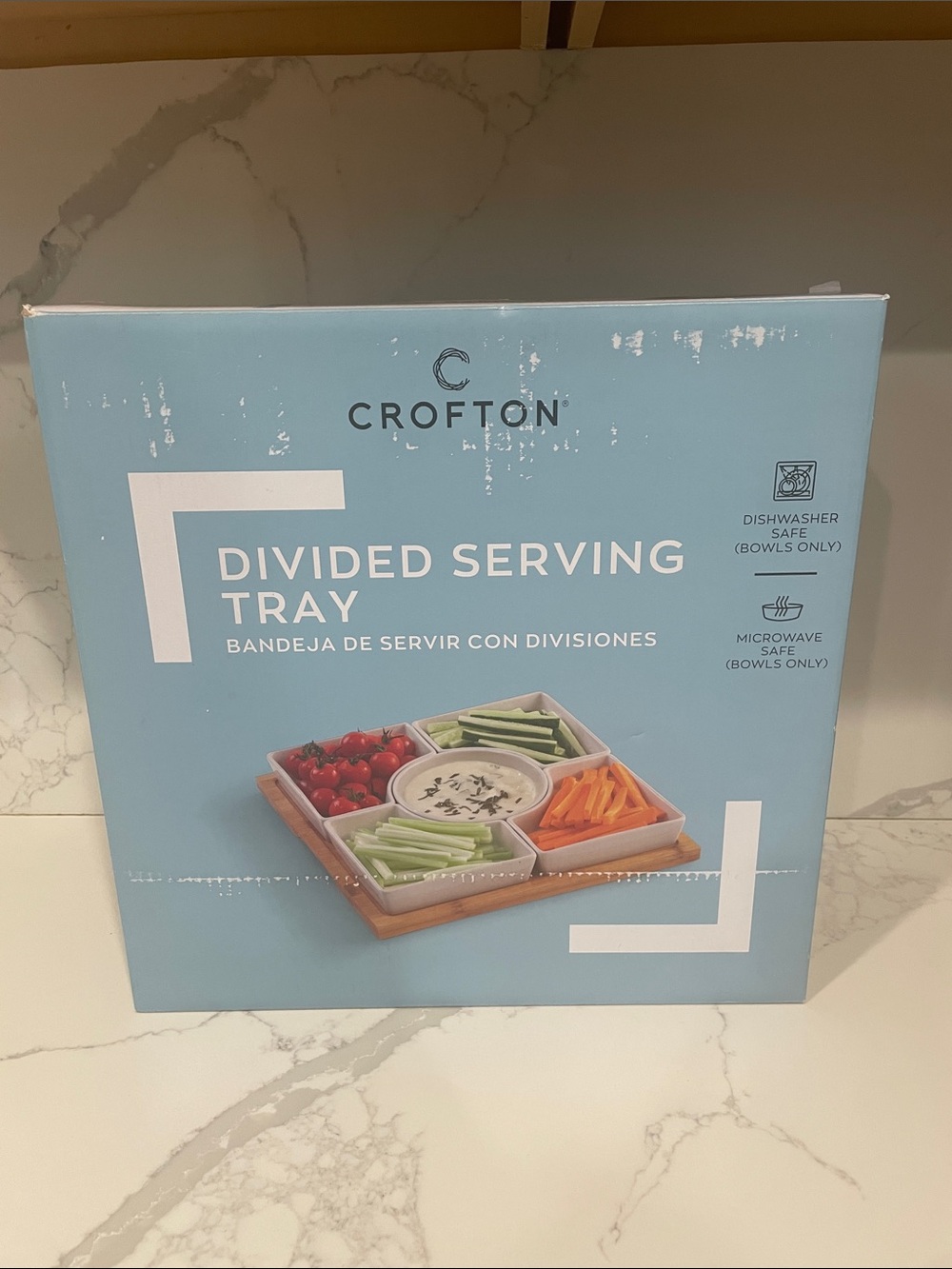 Crofton White Divided Serving Tray with Bamboo Base